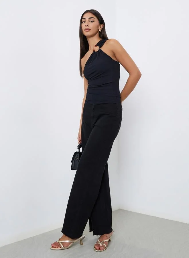 Styli Styli Black One Shoulder Knit Top With Ring Detail